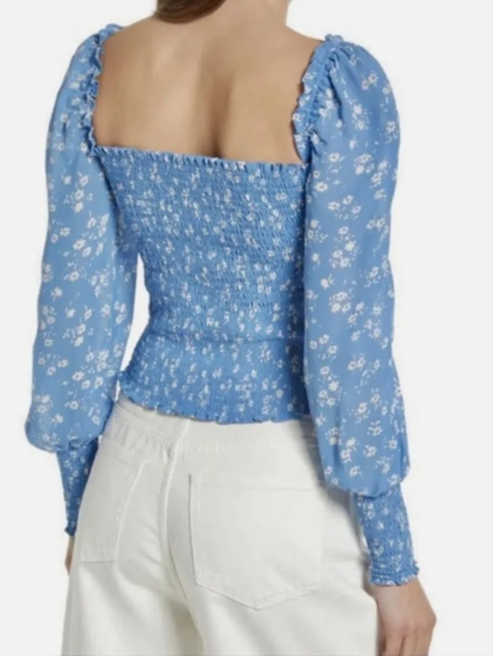 Reformation Pinto Floral Smocked Crepe Top Lassen Blue Shirt Size S Cottagecore